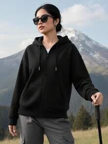 女士拉链抽绳卫衣外套，基础款，保暖内衬，带口袋，秋冬季必备单品 - 黑色 - 查看 1