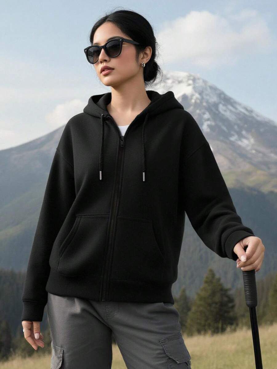 女士拉链抽绳卫衣外套，基础款，保暖内衬，带口袋，秋冬季必备单品 - 黑色 - 查看 1