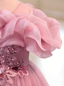 Flower Girl Dress Off Shoulder Ruffle Neck Sequin Embroidery Bow Ball Gown Princess Dress For Girls For Wedding Birthday Party - Dusty Pink - View 6