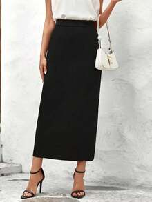 秋冬新款简约百搭高腰直筒开衩裙