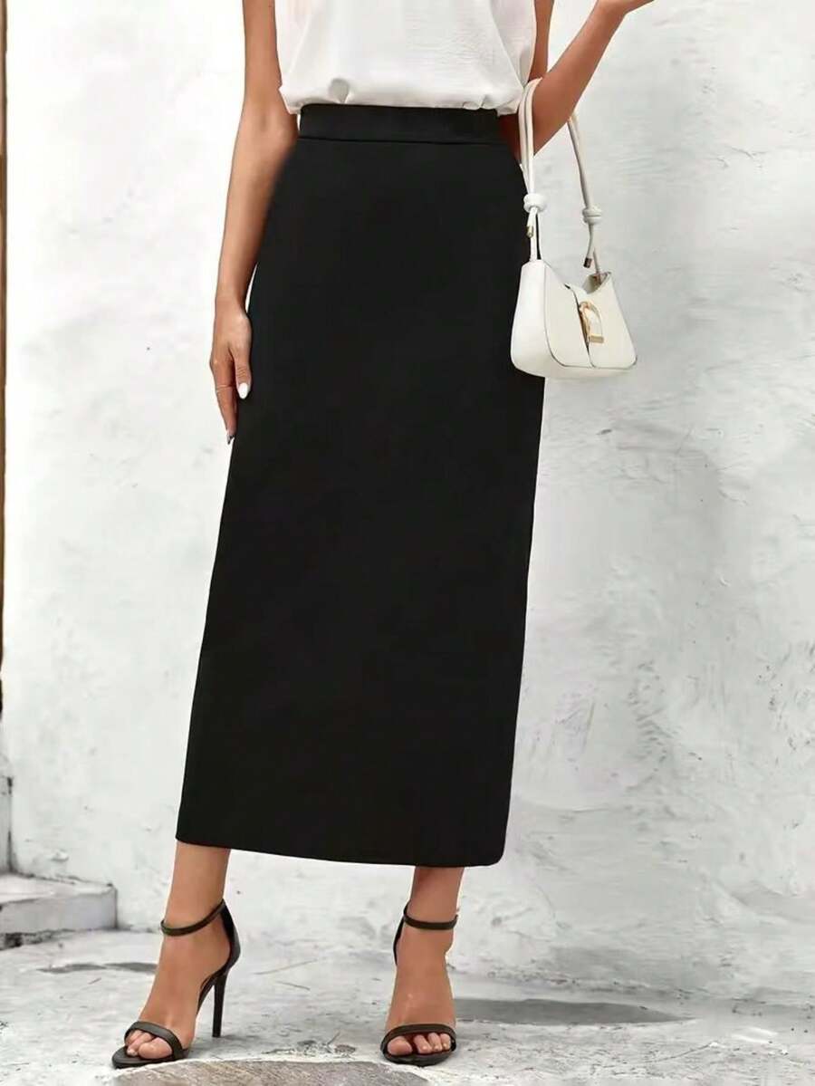 秋冬新款简约百搭高腰直筒开衩裙