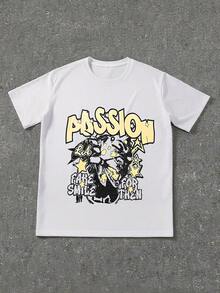 Men's Letter & Star Graphic Loose Round Neck Short Sleeve T-Shirt, World Tour T-Shirt-Premium Cotton Graphic Printed Round Neck T-Shirts - 淡黃色 - 查看 3