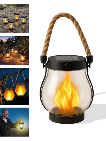 Lanterna Solar Kaliqo para Exterior - Lanterna Solar à Prova D'água e Recarregável por USB com Chama 3D Cintilante Realista, Design de Corda Boho, Luz de Chama Dançante para Pátio e Quintal