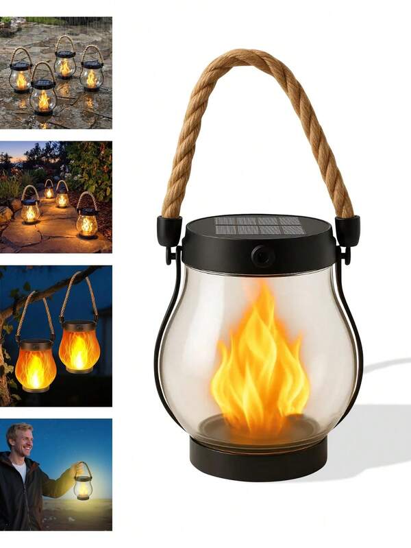 Farol solar Kaliqo para exteriores - Farol solar y recargable por USB a prueba de agua con llama 3D realista parpadeante, diseño de cuerda bohemio, luz de llama danzante para patio, jardín