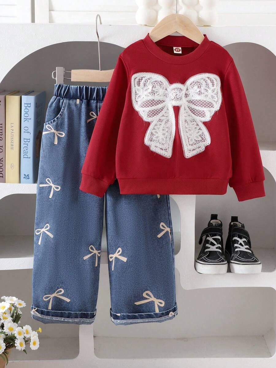 2pcs Young Girls Cute Butterfly Embroidered Long Sleeve Sweatshirt And Denim Pants Set, Spring/Autumn - Burgundy - View 1