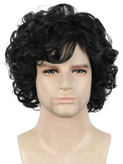 10-Inch Men's Fashionable Natural Fluffy Black Short Curly Synthetic Hair Wig With Side Bangs, Suitable For Daily Wear, Halloween, Holidays, Costume Parties