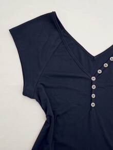 Punk Style Women's Vintage Solid Color Casual Street Wear Short Sleeve Button Pleated Fashionable Blouse, Sweet Girl Harajuku Y2K T-Shirt - Navy Blue - View 4