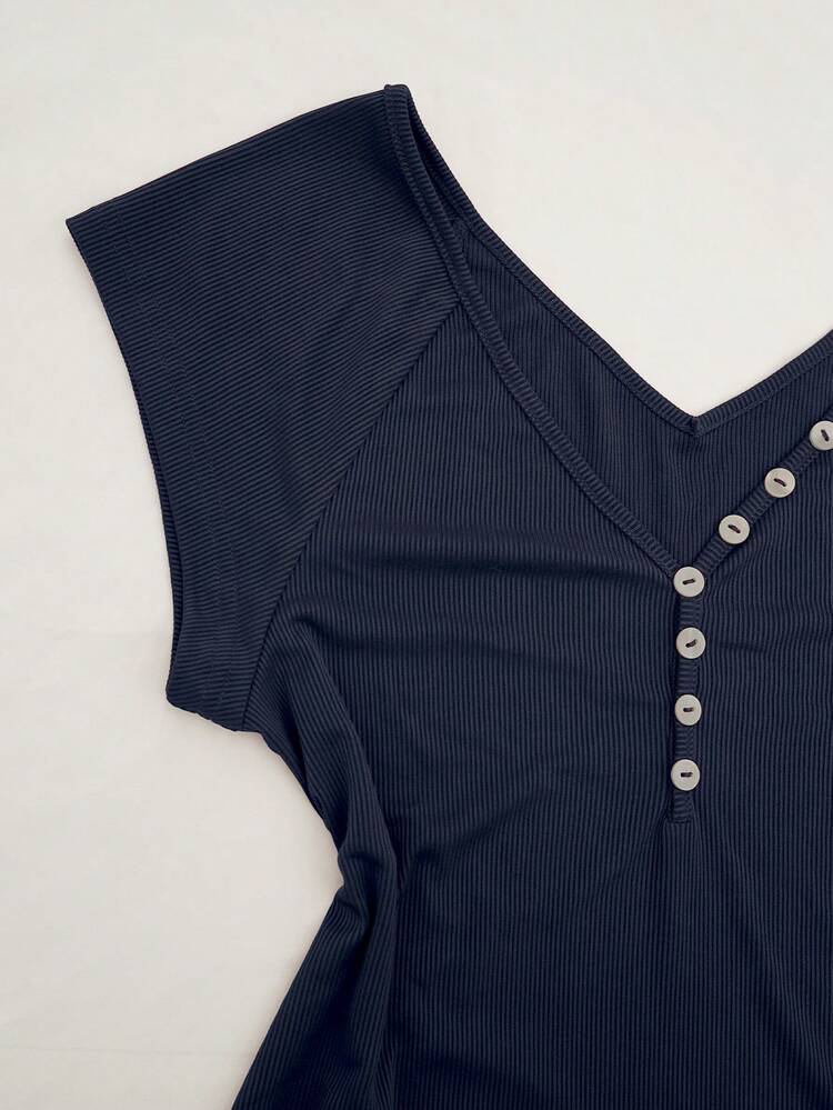 Damska bluzka w stylu punk vintage w jednolitym kolorze, casualowa, z krótkim rękawem i plisami, zapinana na guziki, modna, słodka dziewczęca koszulka Harajuku Y2K - Granatowy - Zobacz 3