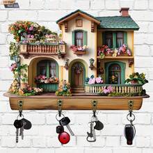 Key Holder For Wall Wooden 2D Flat Village House Shape Key Hooks Hanging Wall Decor For Entryway Living Room Home - xanh quân đội - Xem 3