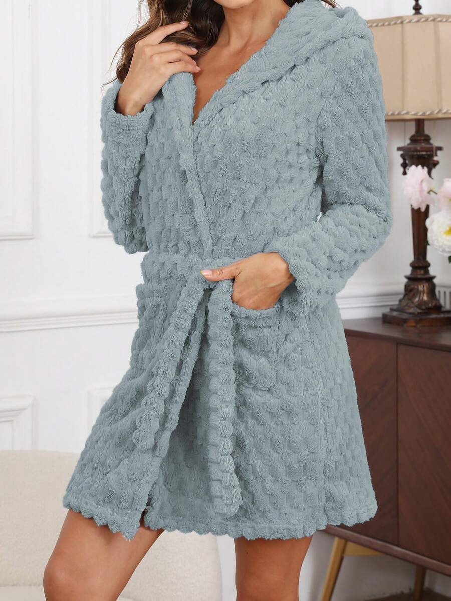 Casual Furry Hooded Waist Tie Sleepwear Robe, European & American, Fluffy, Winter, Cozy