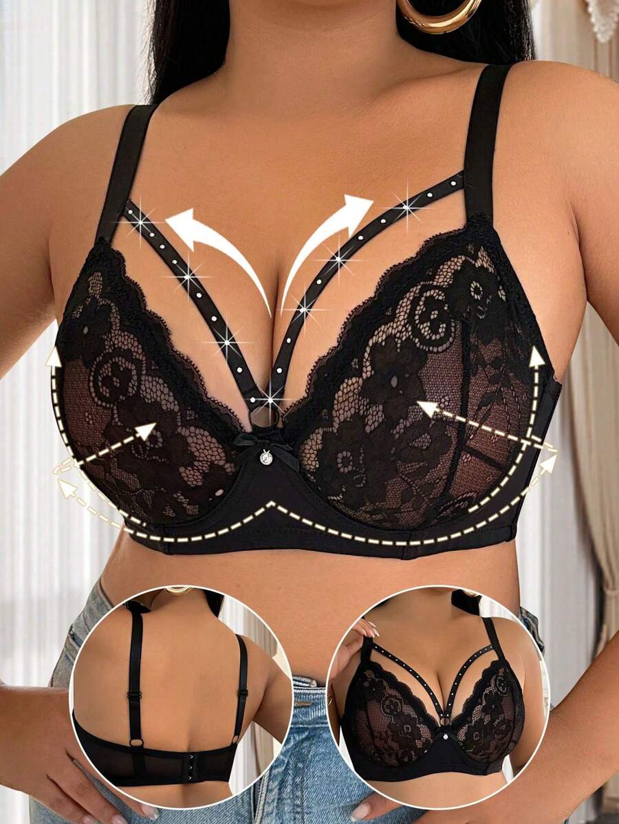 Plus Size Women's Lace Sexy Bras With Butterfly Rhinestone Strap Design, Comfortable Underwire Lift And Support Bras, Rave - Black - View 1