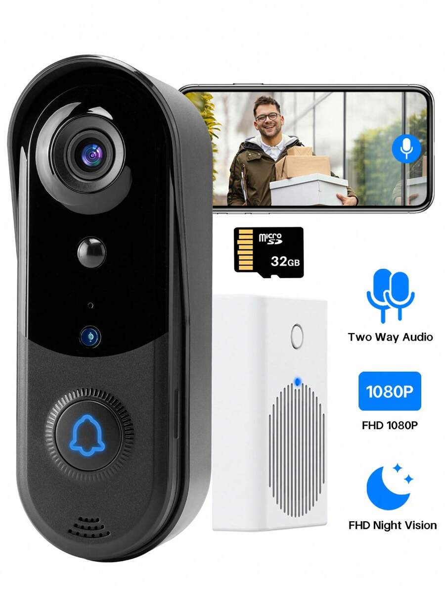 1080P Smart Doorbell Camera Wireless With Indoor USB Chime, HD Night Vision, Two-Way Audio, HD Live Video, Smart Human Detection, Outdoor Waterproof, Real Time Alerts, Easy Install - màu đen - Xem 1