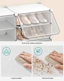 SONGMICS Mueble Zapatero Plástico, 12 Compartimentos, Zapatero Modular, Estantería Modular de Plástico, 32 x 124,4 x 124,6 cm Cada Cubo, con Puerta, Marco Acero, Panele Plástico, Blanco - Blanco - Ver 8
