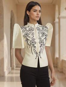 Amyenjoylife modern von den Philippinen inspirierte Bluse, von den Philippinen inspirierte Bluse mit Schmetterlingsärmeln, elegante und modische Damen Puffärmel, besticktes Kurzarmhemd, Cardigan, Champagnerfarbe Top - Champagnerfarben - Übersicht 5