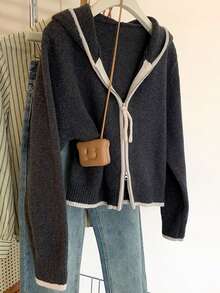 JIANHU Casual Zip Up Knit Hoodie With Contrast Trim, Relaxed Fit Fall Winter Essential