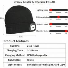 USB Rechargeable LED Knitted Beanie Hat, Unisex Warm Winter Cap With Headlamp, Knitted Night Light Hat With Flashlight - Single - View 9
