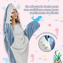 Pijama Unisex Entero Tiburón Cartoon (4 Colores), Franela Caliente Otoño-Invierno, Disfraz Halloween/Navidad, Ropa de Hogar Parejas & Regalo Dormir - Neblina azul - Ver 3