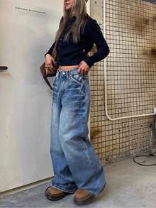 女士时尚铆钉设计直筒牛仔裤 - 藍色 - 查看 6