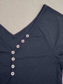 Punk Style Women's Vintage Solid Color Casual Street Wear Short Sleeve Button Pleated Fashionable Blouse, Sweet Girl Harajuku Y2K T-Shirt - Navy Blue - View 5