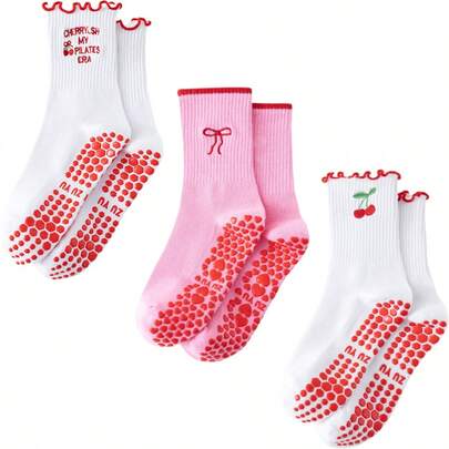 3 Pairs Non-Slip Pilates Grip Socks, Women Yoga Socks, Athletic Mid-Calf Socks With Ruffle Grip Hem, Suitable For Exercise, Ballet, Non-Slip Sports Sticky Socks