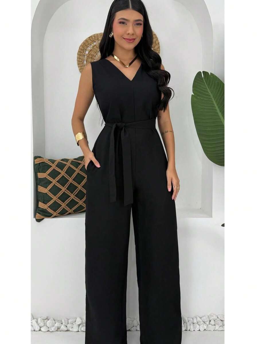 Women's Jumpsuit Roman Pantaloons Tie-Up Elegant Chic Simple Pocket Knot With Belt - 黑色 - View 1