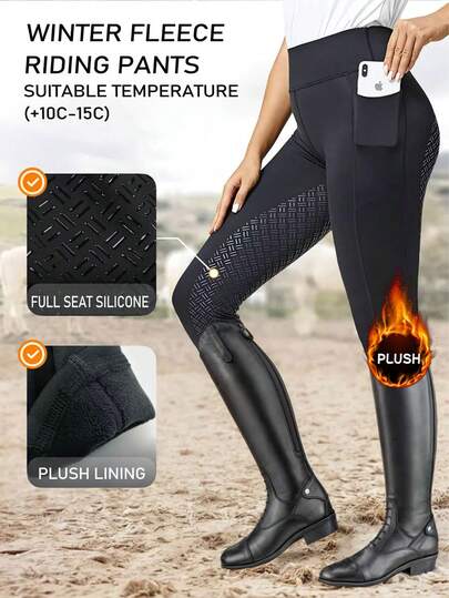 Women's High Waist Thermal-Lined Equestrian Pants, Quality Thermal Fabric With Good Warmth, High Waist Design With Pockets, Thermal-Lined Warm And Durable Breathable Soft Fabric, Suitable For Horseback Riding