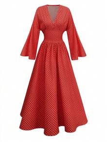 2026春秋新品：休闲时尚、轻盈透气、薄款设计、优雅度假风、法式简约风、数码格纹印花长袖宽松V领连衣裙，女装，秋季服装，秋季连衣裙，女士秋季连衣裙，返校连衣裙，女教师装，外出服装，女士约会装，女士婚礼宾客连衣裙，婚礼宾客连衣裙，婚礼宾客连衣裙。 - 紅色 - 查看 5