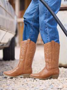 Women'S Cowboy Western Boots Point Toe Pull On Cowgirl Boots  Embroidered Detail Chunky Heeled Spring And Winter Back To School Party Festival Matching Dress Mid Calf CAMEL Boots - 駝色 - 查看 8