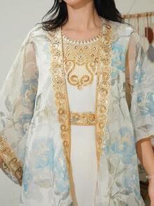 2 piezas Vestido largo de mujer tipo kaftan con bordados elegantes de manga larga - NC89 - Ver 3