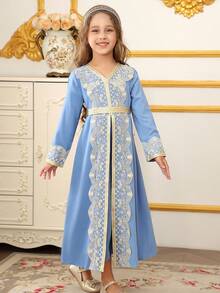 少女浅蓝色金色刺绣蕾丝边长袍，斋月传统文化服饰，刺绣长袍 - 藍色 - 查看 5