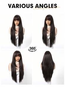28 英寸黑色长直发合成假发，带刘海，自然黑色耐热纤维发，全机器制作，Cosplay 派对假发，适合时尚女性日常校服，适合万圣节和圣诞节新年狂欢音乐节角色扮演、女孩礼物、夏季毕业礼物、现成礼物、万圣节圣诞节礼物 - 棕色 - 查看 10
