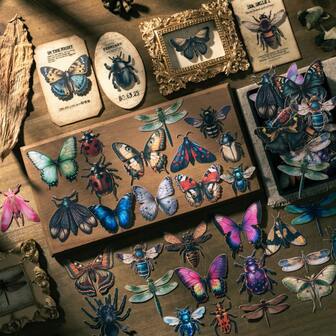 100 张昆虫主题贴纸、笔记本贴纸、物品装饰贴纸、手机贴纸优质防水乙烯基贴纸，适用于剪贴簿、日记本和笔记本电脑 - 耐用且装饰性的成人剪贴簿用品贴纸书架透明贴纸书封书贴纸书