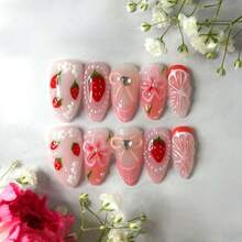 Press On Nails Short Almond Fake Nails Press Ons Nail Tips Glue On Nails Full Cover Acrylic Nail Kit False Nails Stickers 3D Nail Art With Strawberry Pearls Design For Women Manicure 24Pcs - Grey - View 1