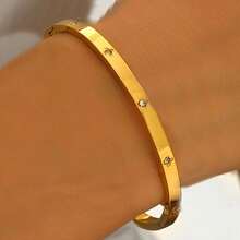 1 Set Stainless Steel Gold Color Bangle Bracelet With Rhinestone Nail & Waist Design, Gold Bangles
