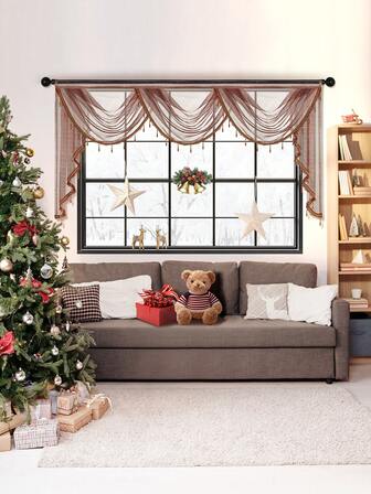 1 件巧克力色透明面料短帷幔，优雅简约风格，带珍珠边褶边，适合圣诞节派对、客厅、卧室窗户和门装饰