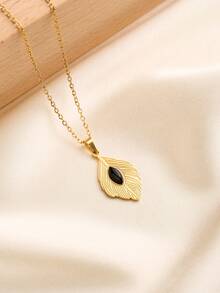 1 件优雅的 18K 镀金不锈钢项链，带有神秘羽毛、黑曜石、紫水晶、新月虎眼石、3D 八角形虎眼石、空心椭圆形八角形蓝色天然石、旋转旭日绿松石、不对称泪滴虎眼石吊坠，防过敏项链适合女性、日常、派对、街头服饰、礼物 - 金色 - 查看 10