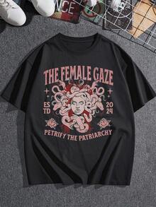 Camiseta gráfica "Female Gaze" para mujer, con estampado de serpientes Medusa, top feminista, cuello redondo holgado, estilo casual, disponible en varios colores. - Negro - Ver 3