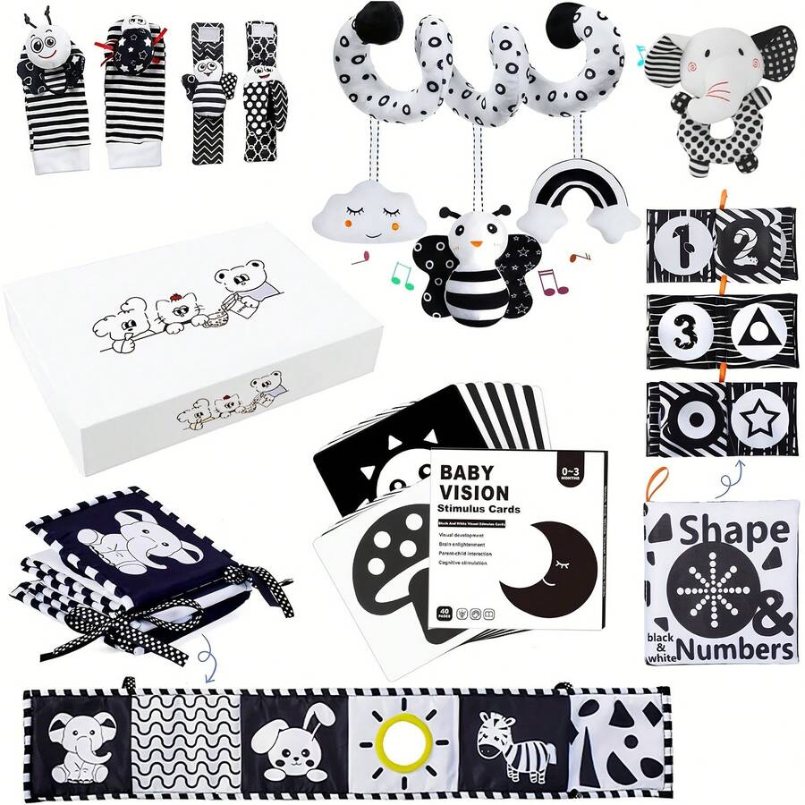 9pcs High Contrast Baby Toys Set For Newborn, Black And White Baby Toys Gift Box, Car Seat Hanging Rattle Toy For Newborn Brain Visual Development, Boys Girls Toddler Gifts - 黑與白 - 查看 1