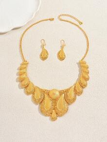 Set de 3 bucăți de colier și cercei cu ciucuri, placat cu aur, de epocă, cu design de flori goale, elegant pentru femei, potrivit pentru nunți și petreceri