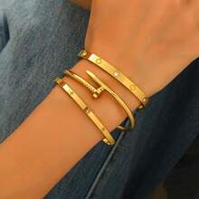 1 Set Stainless Steel Gold Color Bangle Bracelet With Rhinestone Nail & Waist Design, Gold Bangles