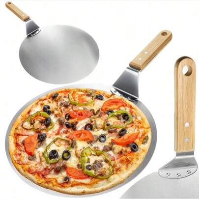 Espátula de pizza XXL de aço inoxidável com cabo de madeira, espátula de pizza redonda de metal de aço inoxidável, espátula grande de pizza com cabo de madeira para assar pizza caseira e pão ou queijo, bandeja para forno