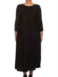 Plus Size Casual 3/4 Sleeves Basic A-Line Pleated Solid Midi Dress  Wedding - Black - View 4