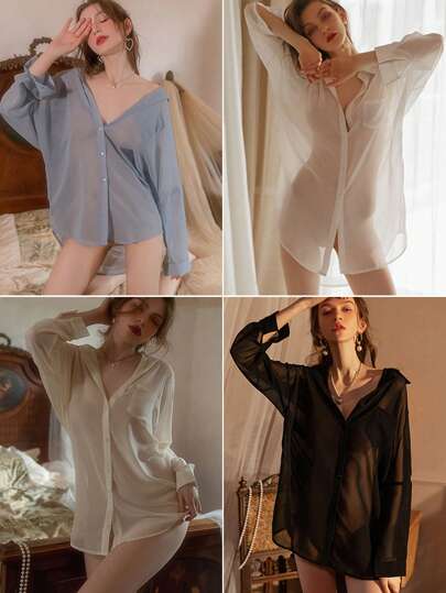  Lingerie sexy da donna, camicia trasparente stile boyfriend, abbigliamento da notte per primavera/autunno