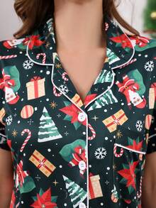2pcs Christmas Santa Claus Print Women Short Sleeve Button Collar Top And Shorts Pajama Set, Comfortable Casual Loose Fit Homewear, Suitable For Home Or Outdoor Wear, Spring/Summer/Autumn/Winter, Fall Clothes - Dark Green - View 9