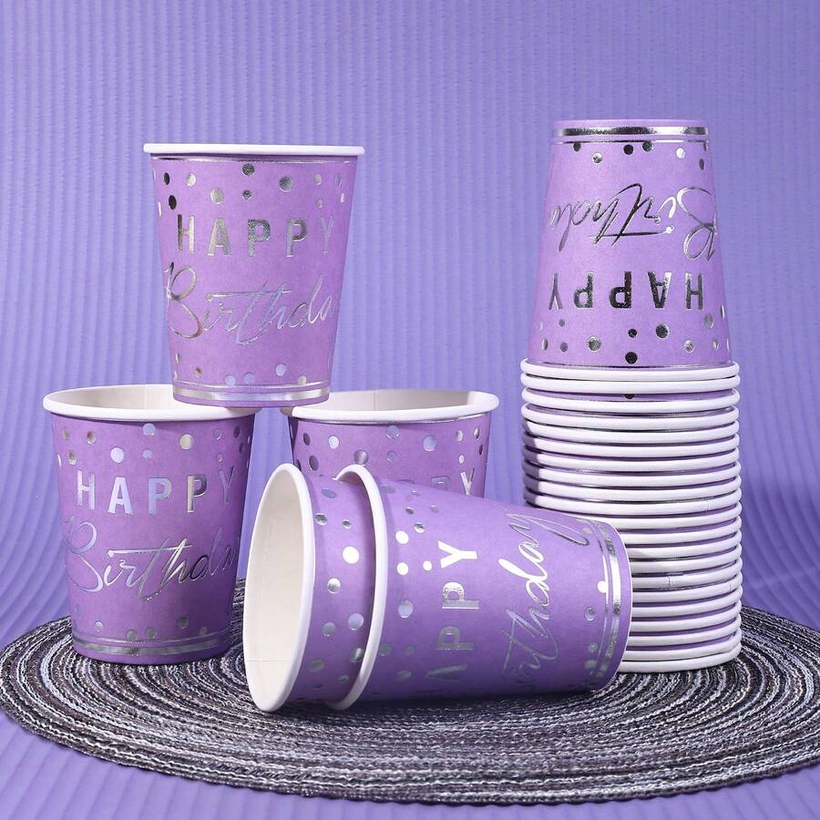 Bộ 10/20/40 chiếc, Ly giấy dùng một lần màu tím cho sinh nhật, dung tích 9 oz, Ly tiệc màu tím viền bạc - Đồ dùng cho tiệc tùng với đồ uống nóng và lạnh - Sinh nhật, tốt nghiệp. - Màu tím - Xem 1