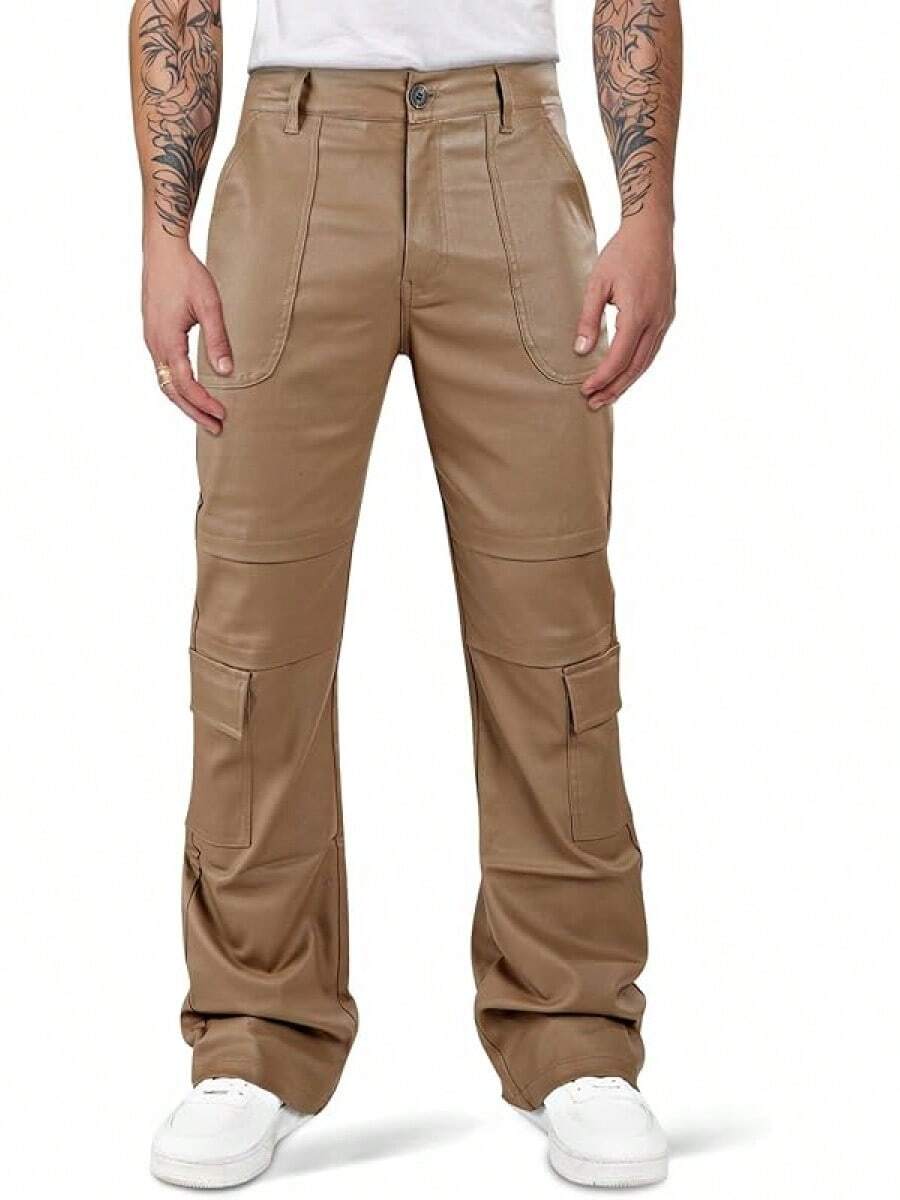 Mens Faux Leather Cargo Pants Flared Bell Bottoms With Pockets For Men 70s Party Pants-20256688 - 棕卡其色 - 查看 1