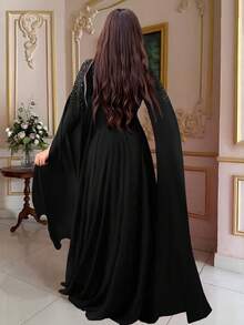 Fashion Elegant Women's Sparkling Rhinestone Extra Long Sleeve Long Dress Evening Party - Black - View 3