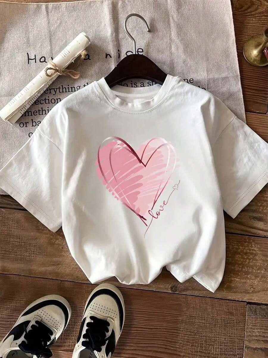 Mujer casual camiseta corazón tela suave suelta cuello redondo manga corta primavera verano uso diario T-shirt - Blanco - Ver 1