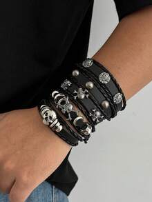 5pcs/Set Gothic Punk Style Fashionable Personalized Skull Rivet Metal Decor Accessories, Multi-Layer PU Leather Braided Bracelet, Suitable For Men's Daily Wear, Halloween Accessories - Black - View 5