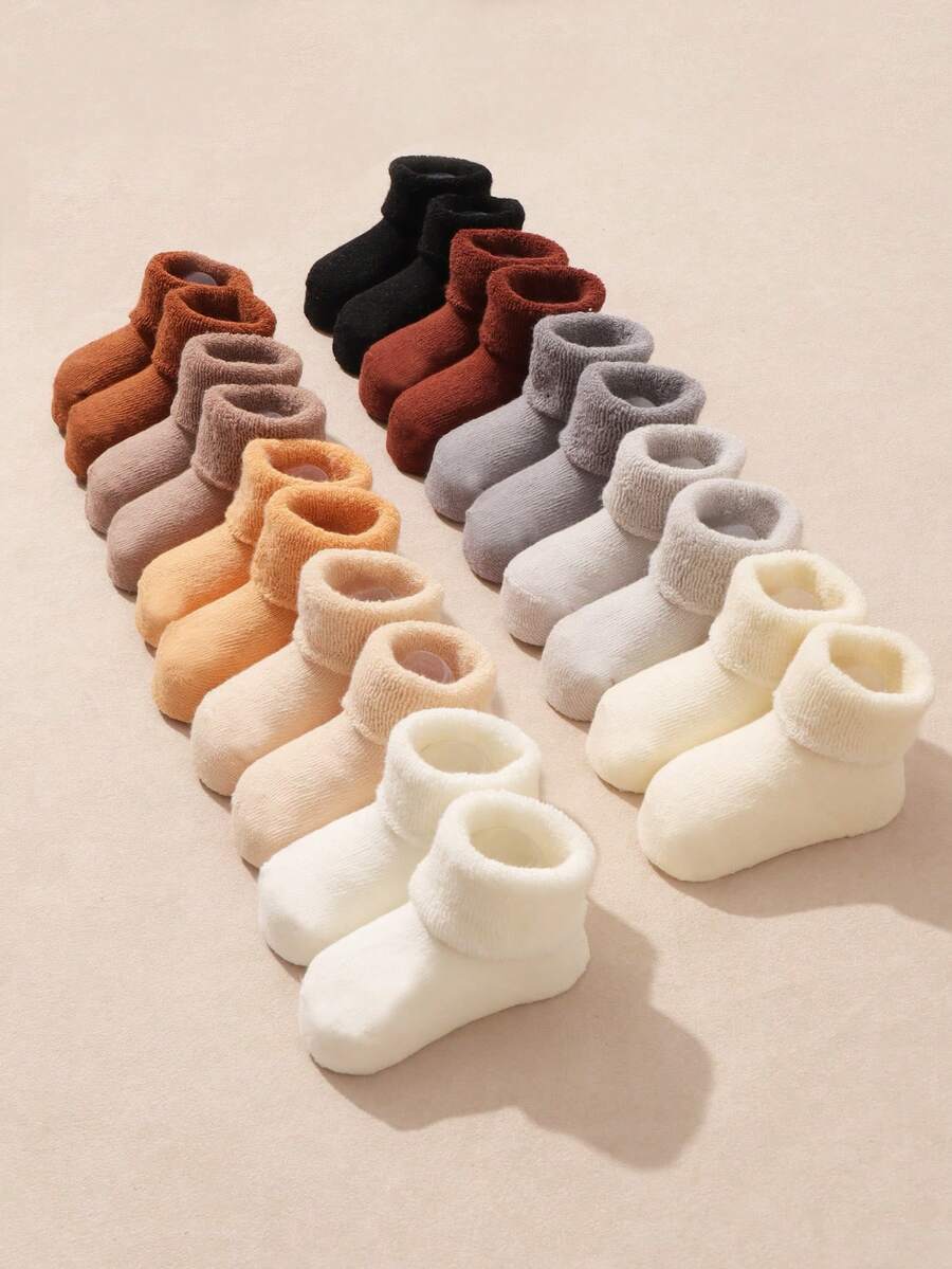 5 Pairs Baby Solid Color Thickened Warm Fleece Socks, Autumn/Winter - Multicolor - View 1